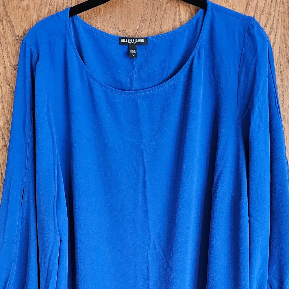Eileen Fisher Silk Crepe Bateau Neck Slit Sleeve Blue Georgette Blouse Size 1X